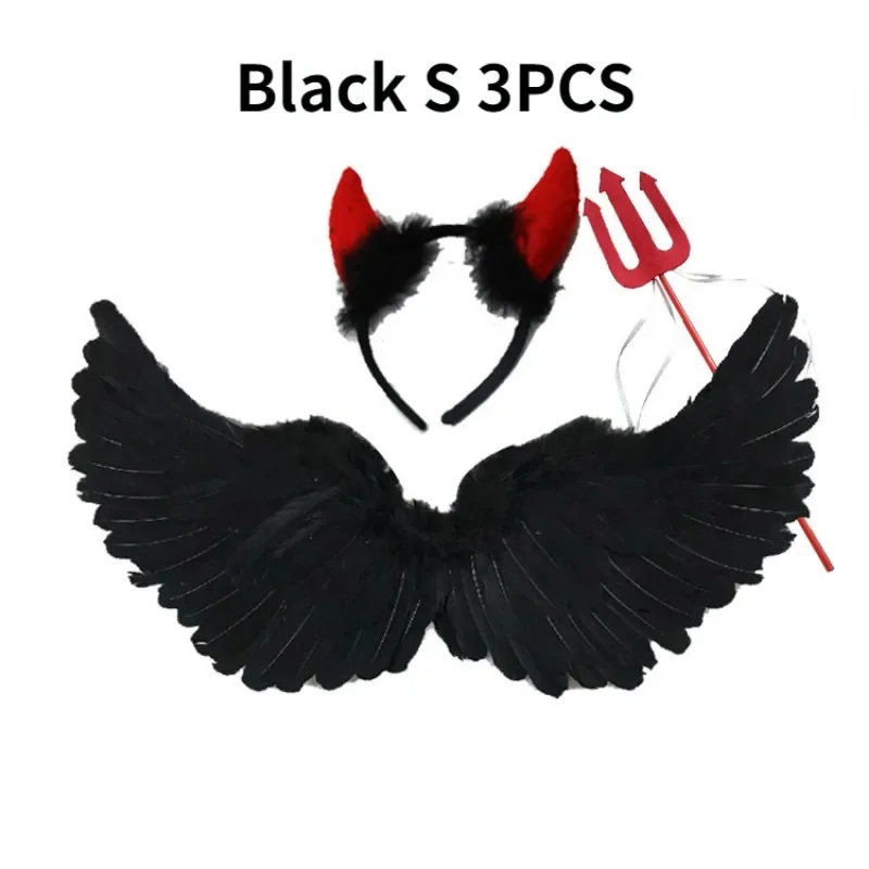 3pcs Anime Cosplay Black Feather Devil Wings Swallow Shaped Kids Adult Performance Feather Wings Bride Flower Child Dress