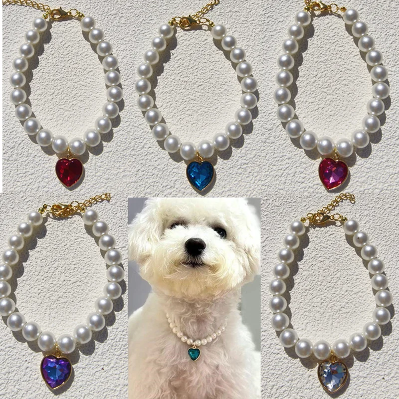 

New Adjustable Dog Cat Pearls Necklace Collar with Rhinestones Heart Charm Pet Puppy Collar Jewelry Female Puppy Chihuahua Yorki