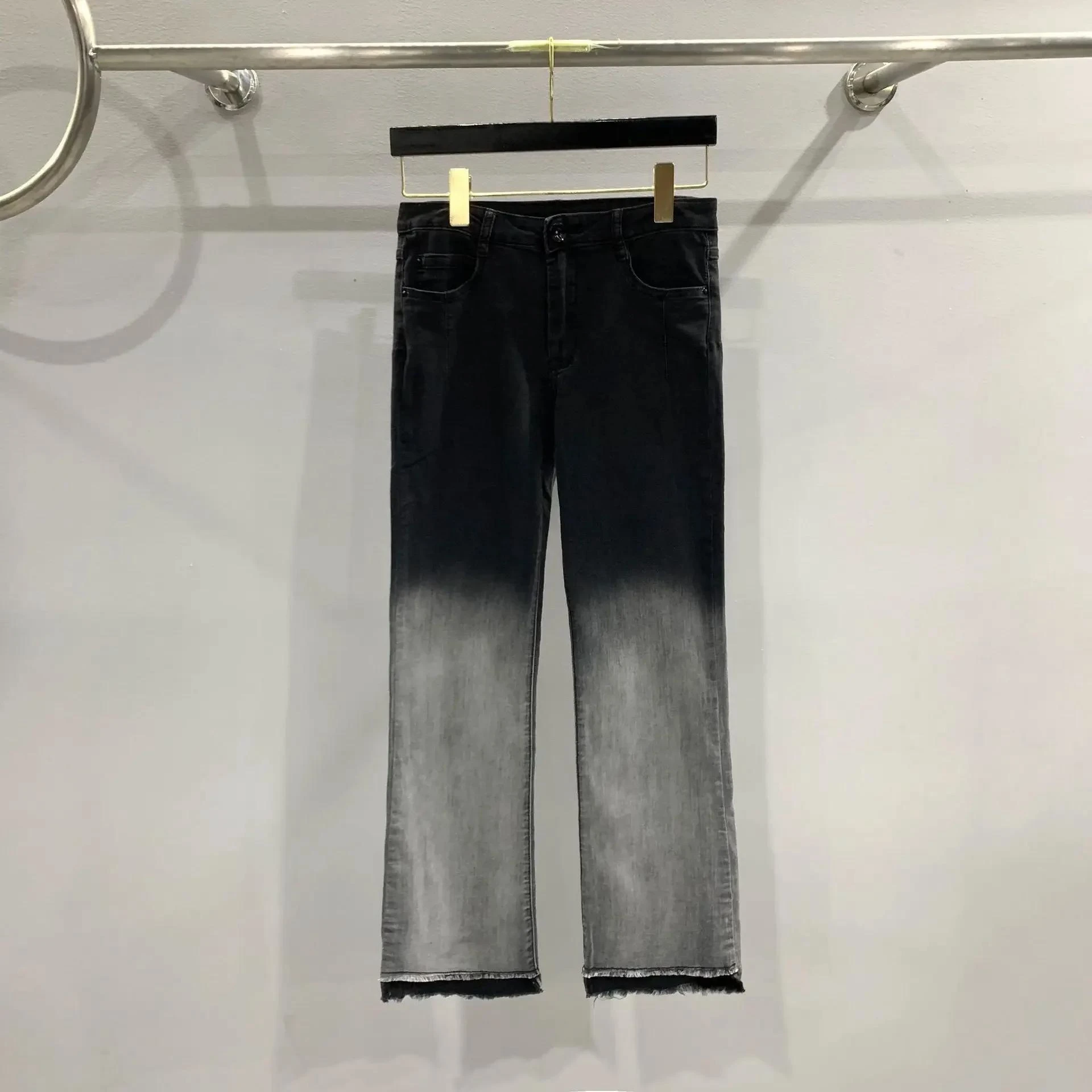 

Fashion Ric Jeans Spring High Street Mixed-Color Owens Women's Pants Washed Crafted Black Gray Gradient RO Trousers