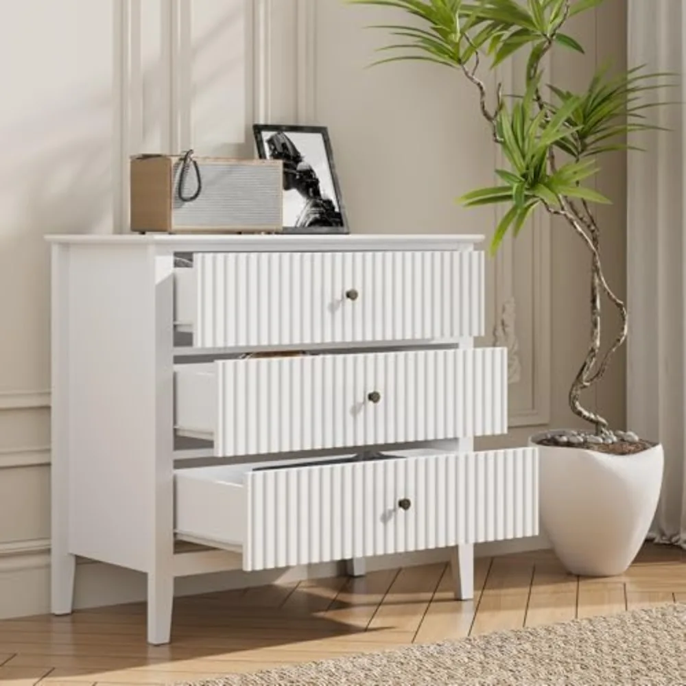 

Large White 3 Drawer Dresser, Painted 30 Inch Tall Wood Nightstand with Storage, Wide Modern Chest of Drawers with Ball Bearing