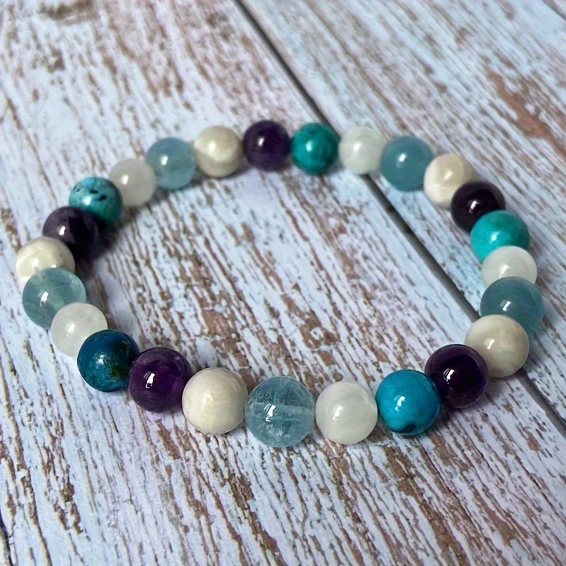 1pc/Boho Beaded Stretch Bracelet White Lace Onyx, Aquamarine, Moonstone, Malachite Stress Relief Jewelry Gift