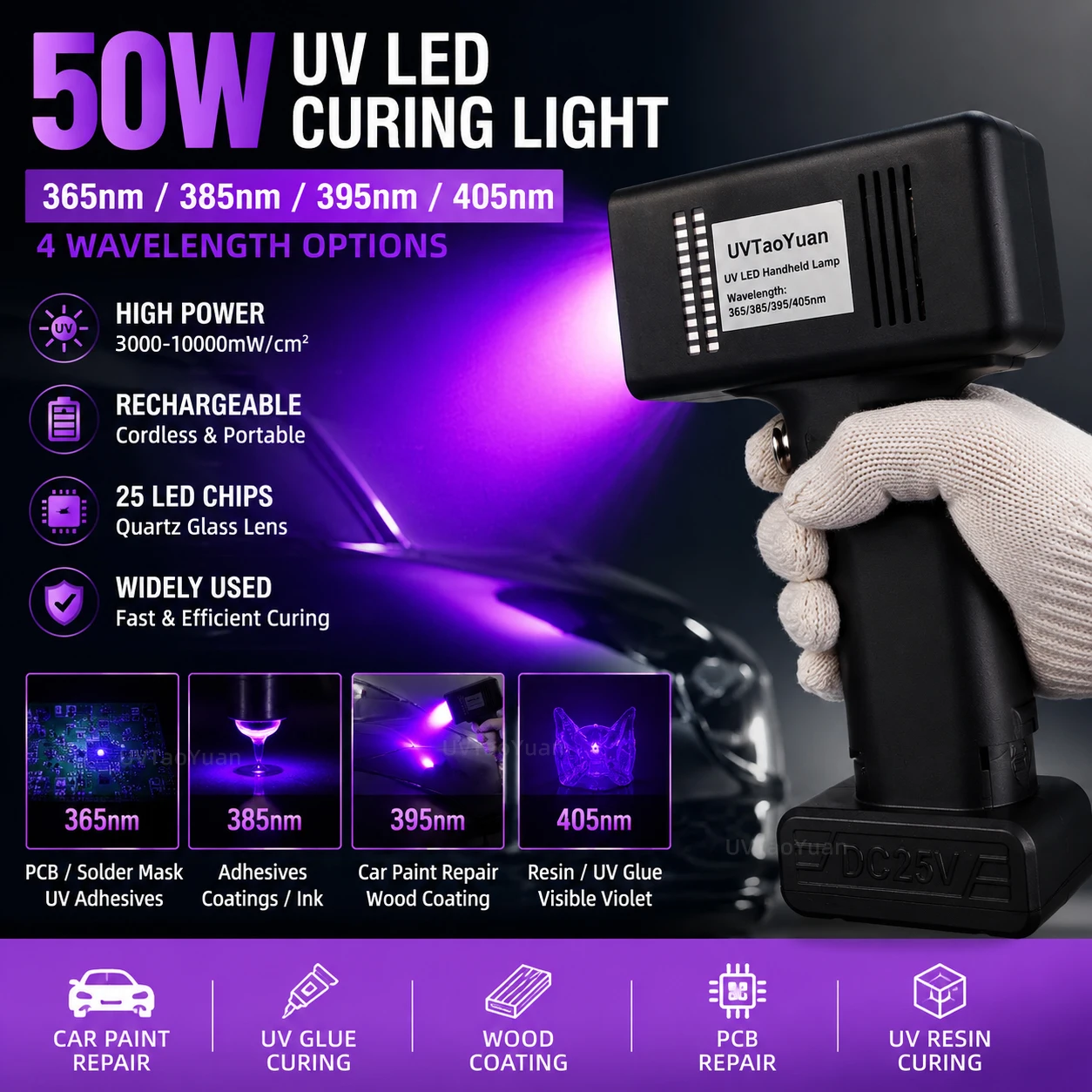 

UVTaoYuan 50W Portable UV LED Curing Light 365nm 385nm 395nm 405nm for UV Glue Resin Paint Coating PCB Repair