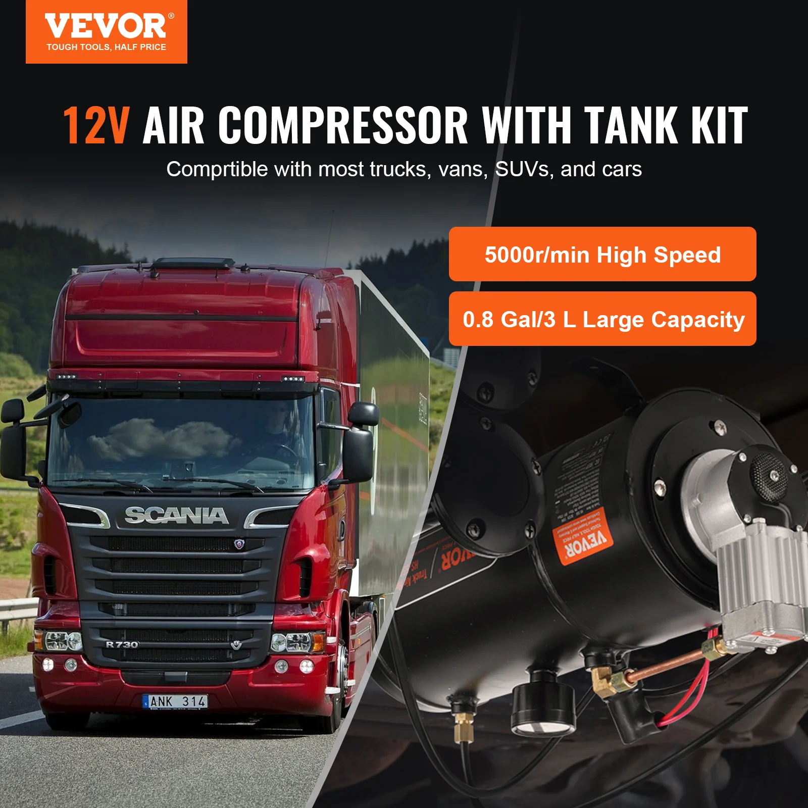 VEVOR 12V Air Compressor with Tank 0.8 Gal/3 L Train Horn Air Compressor 120 psi Working Pressure Onboard Air Compressor System