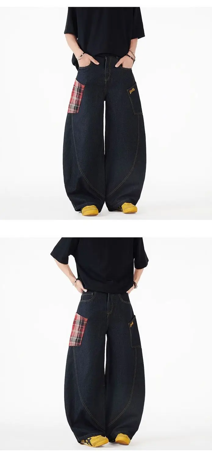 Vintage Y2k Karierte Weite Baggy-Hose für Herren Streetwear Schwarze Gerade Denim-Lange Hose Lose Patchwork Mode Geschwungene Hose – Detail 5