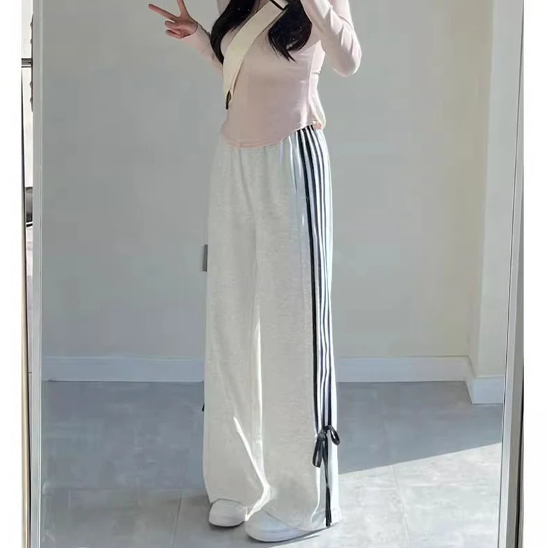 Feminino chique cintura alta calças soltas meninas chique listrado bowknots retalhos calças senhora moda perna larga calças casuais