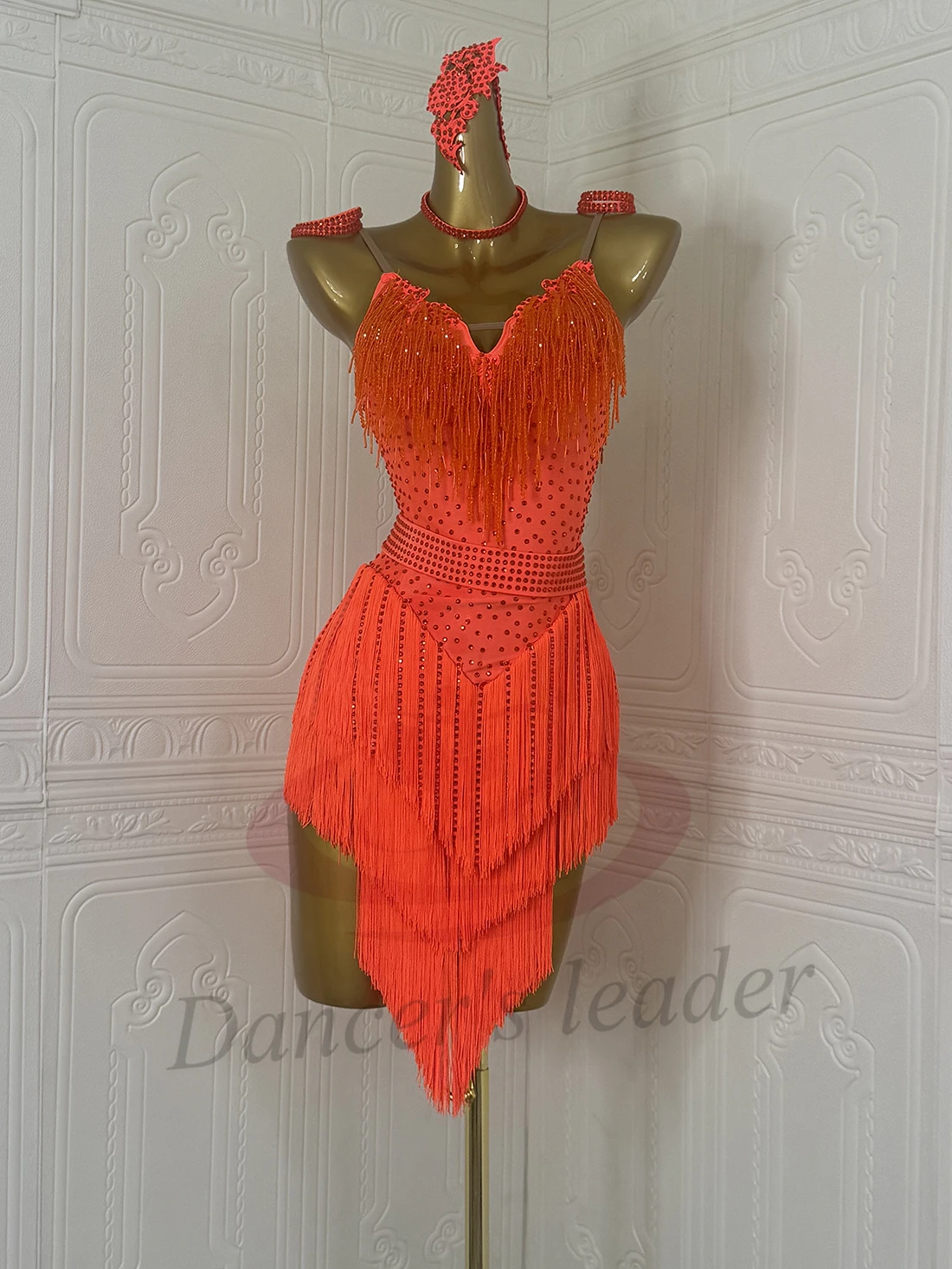 Dança latina adulto crianças vestido ab pedra high-end personalizado laranja grânulo tubo borla cha tango roupas femininas