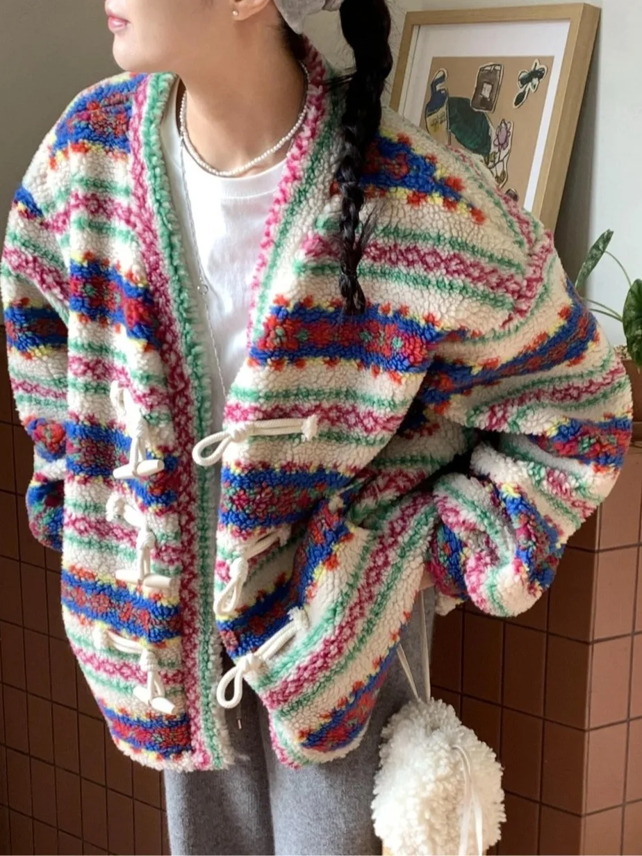 

Ladies Chic Winter New Faion Patchwork Color Lamb Fur Jaet Loose Lazy Sle Cotton Coat Button Design Korean Sle