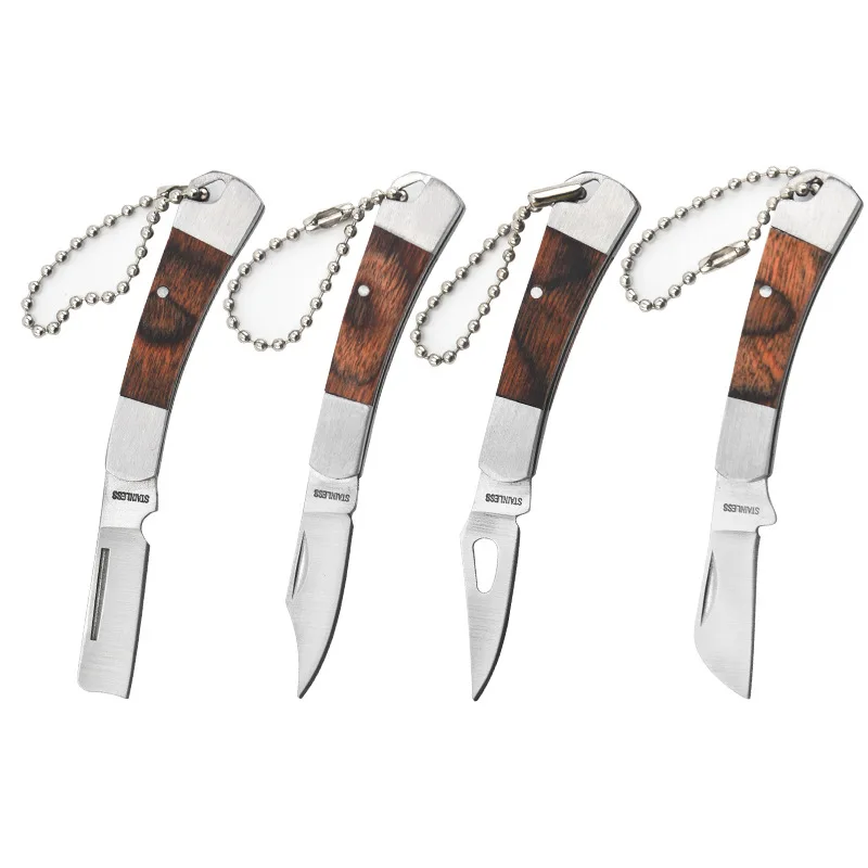 Outdoor Folding Knife Wooden Handle Knife Portable Self-defense Camping Tool Gift Unpacking Pocket Fruit Knife Key Chain Pendant