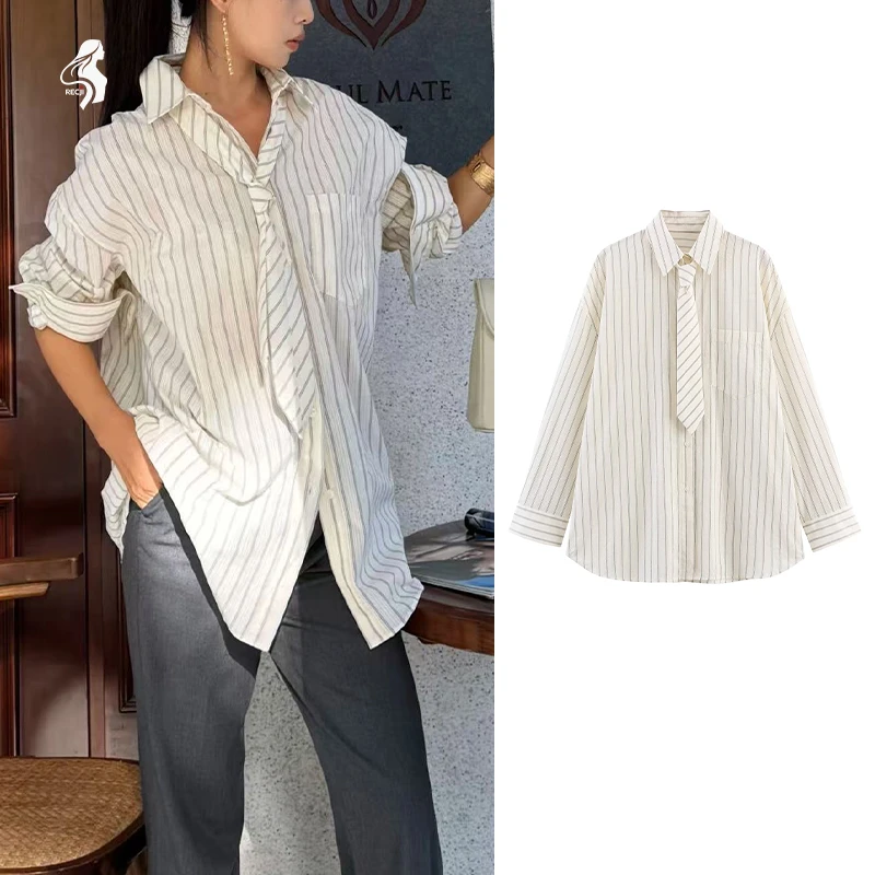 Autumn New Womens Fashion Shirt Striped Tie Button Design Loose Shirt 2025 Womens Workplace Casual Adaptation Shirt Trafizaran