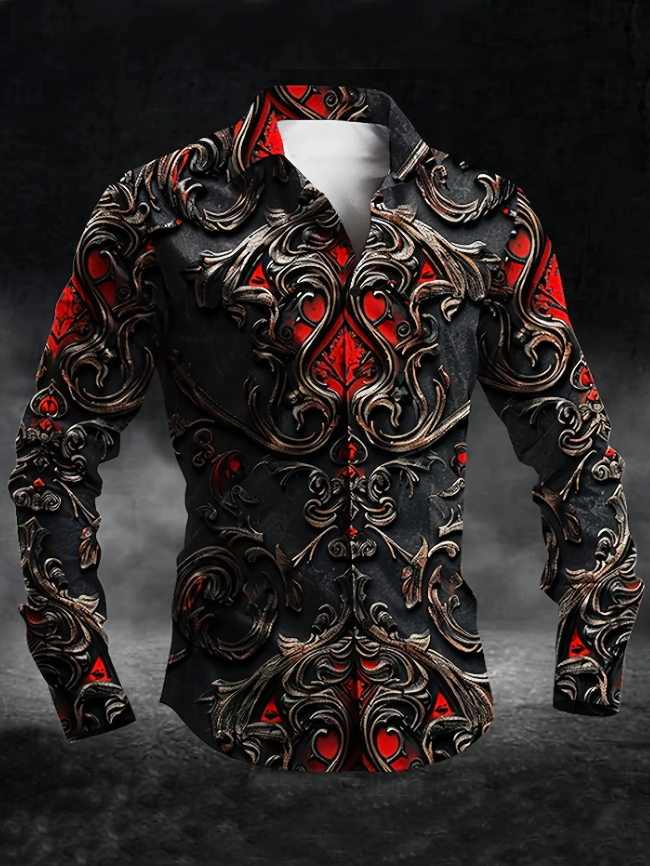 Men Gothic Baroque Ornament Scroll Print Long Sleeve Shirt Lapel Collar Button‑Up Polyester Party Blouse