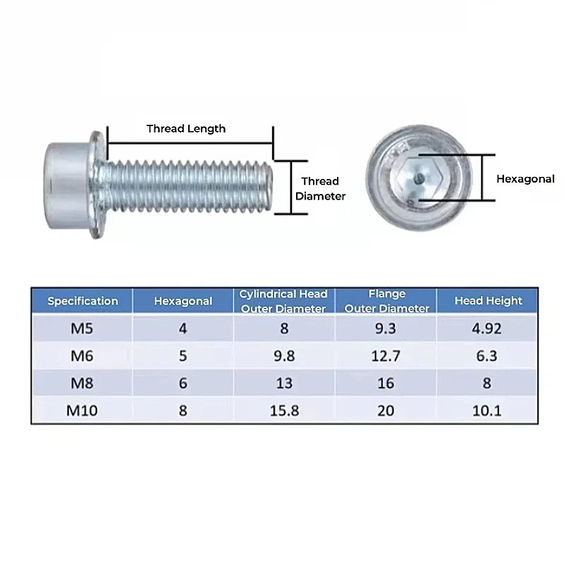 8.8 Grade Blue Zinc Carbon Steel M5 M6 M8 M10 Hexagon Socket Cap Head Flange Bolt with Tooth Pad Flange Screws Full Thread Screw