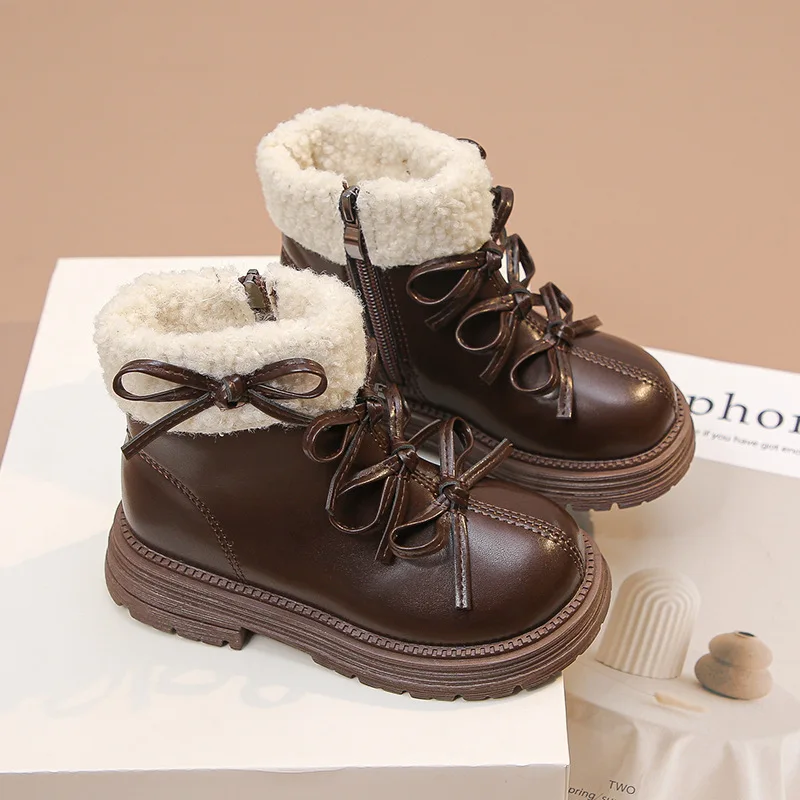 Girls Cozy Fleece Cuff Warm Ankle Boots Winter Cute Multi Bow Decor Side Zipper Rubber Sole Outdoor Boots for Little & Big Girls