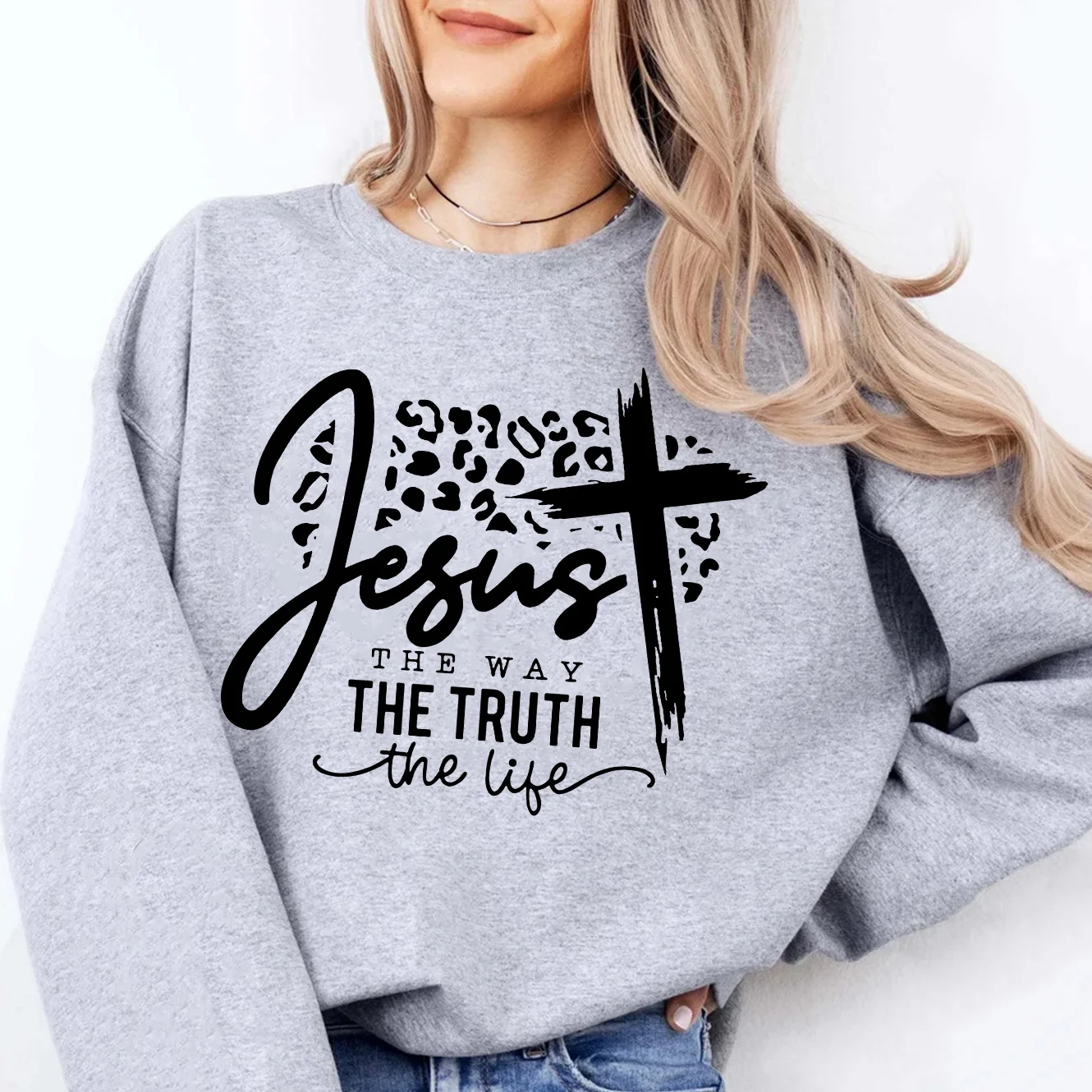 Jesus The Way The Truth The Life Letter Print Washed Sweatshirt Crew Neck Casual Sweatshirt For Winter Fall Women's Clothing