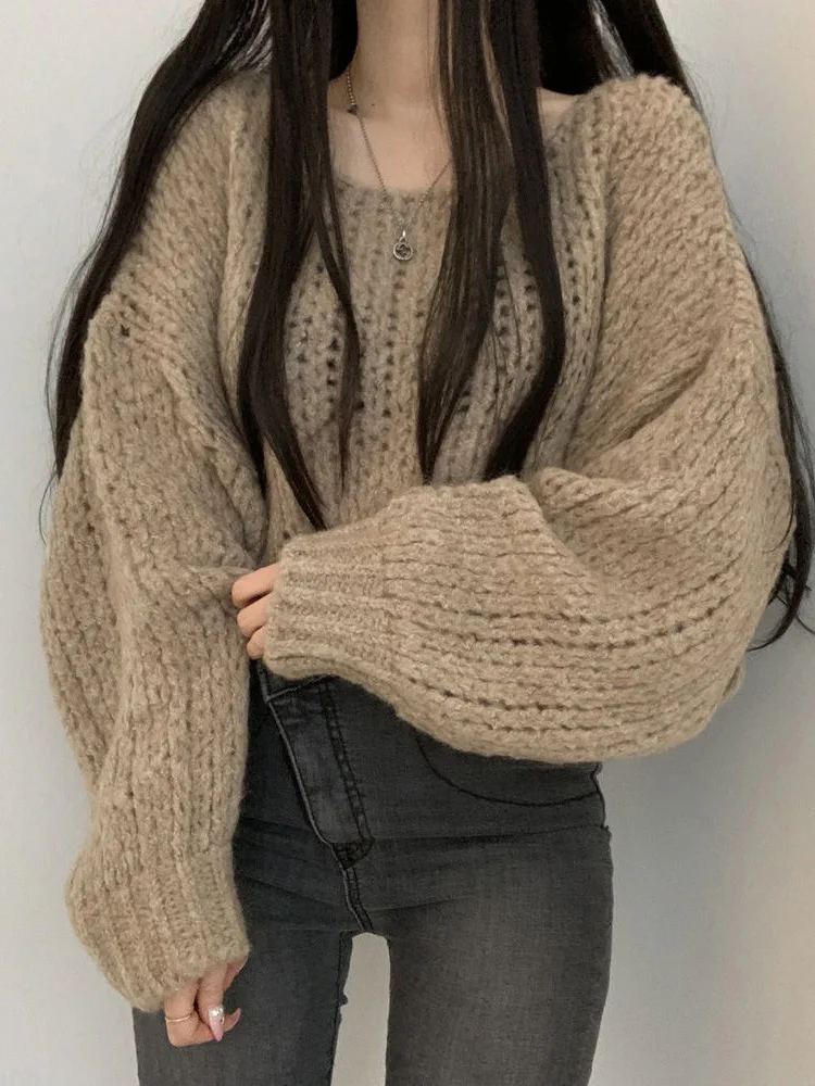 新しいファッション中空アウトプルオーバーニットセーター女性カジュアルルーズランタンスリーブ O ネックセーター秋冬ニット服