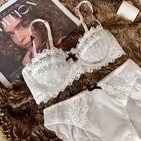 French Sexy Large-sized New Contrasting Color Bow Lace Half-cup Underwear Women's Ultra-thin Bra