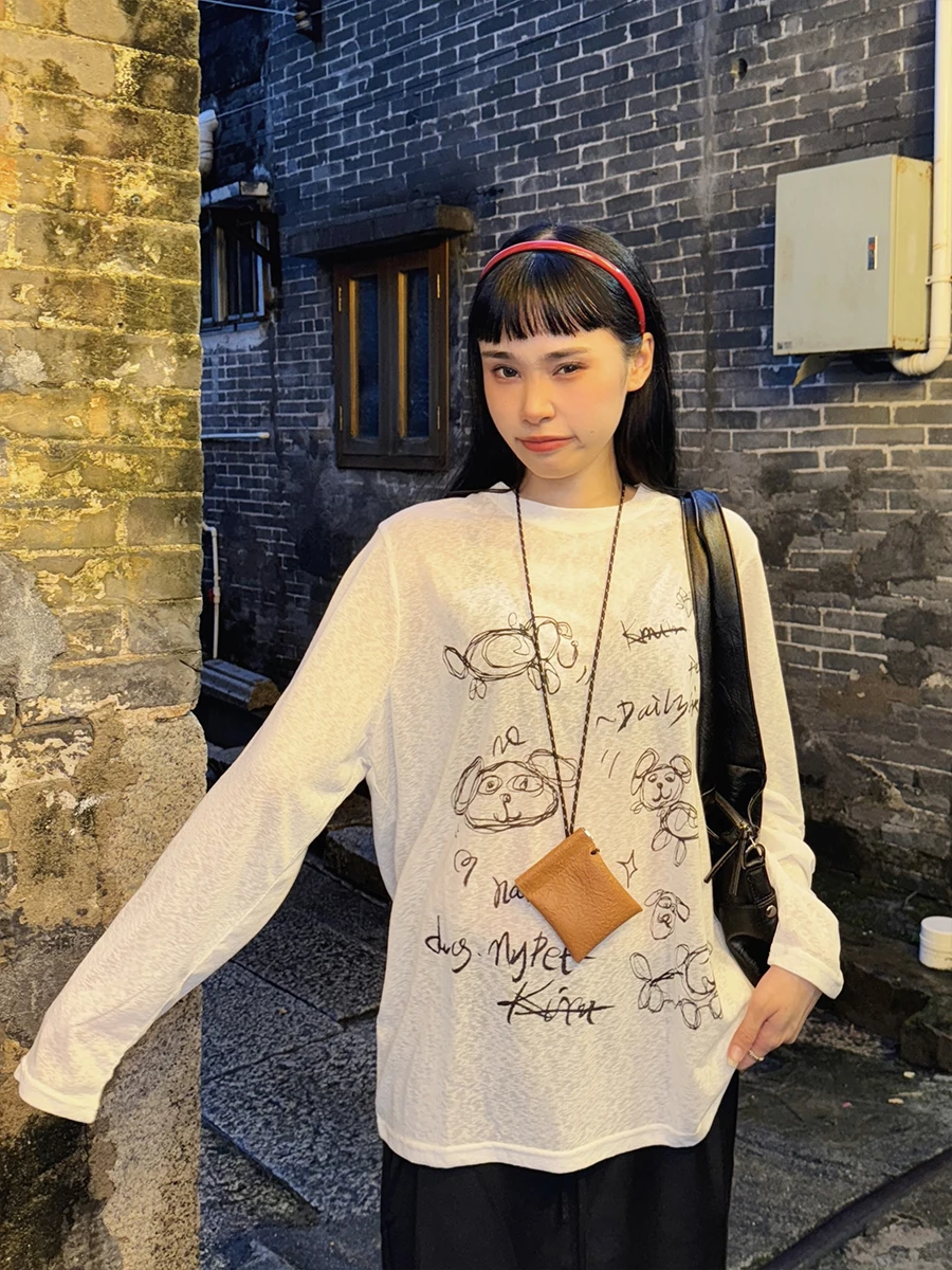 

Свободная футболка с длинным рукавом и круглым вырезом, с мультяшным принтом, повседневная, для защиты от солнца, женская модная толстовка