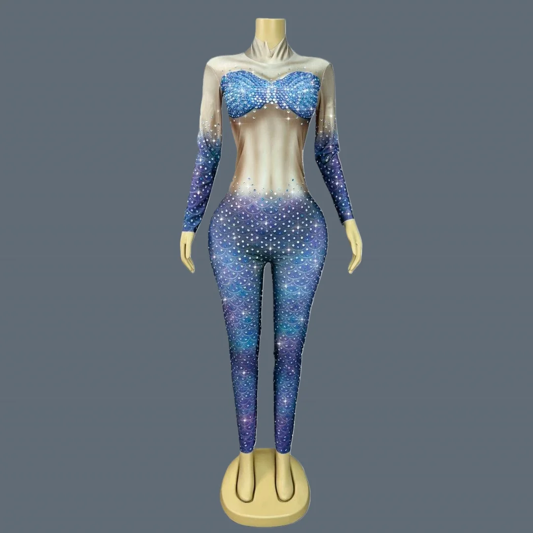 

Spandex Elastic Printing Rhinestone Tight Fitting Jumpsuit Women gig Stage Drag Queen Performer Waer Festival Celebrate Renyulei