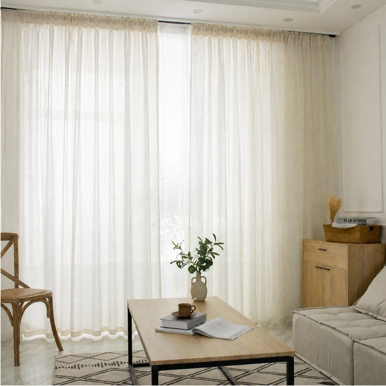 1pc Cream Color Embroidered Thick Japanese Cotton Linen Curtain, Balcony Window Shade, Transparent Not See-Through, Weave Mesh