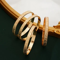 Gold Color Middle East Flower Carved Hand Bangles Arabic Dubai Bridal Charm Bracelet Metal Jewelry Accessory for Women