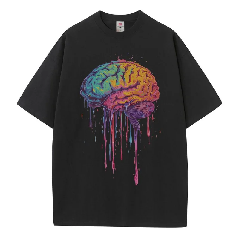 Cotton Graphic T Shirts Colorful Brain Illustration Printed Unisex Tops Heavyweight Drop Shoulder Oversized T Shirt Breathable