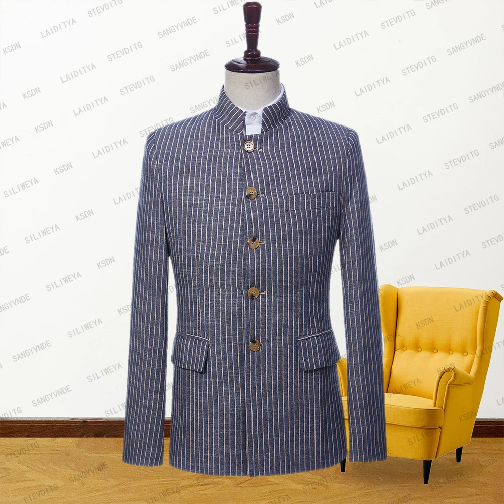 New Summer Men Suit Fashion Casual Navy Blue Yellow Vertical Stripe Standing Collar Linen Coat Business Wedding Tailcoat Jacket