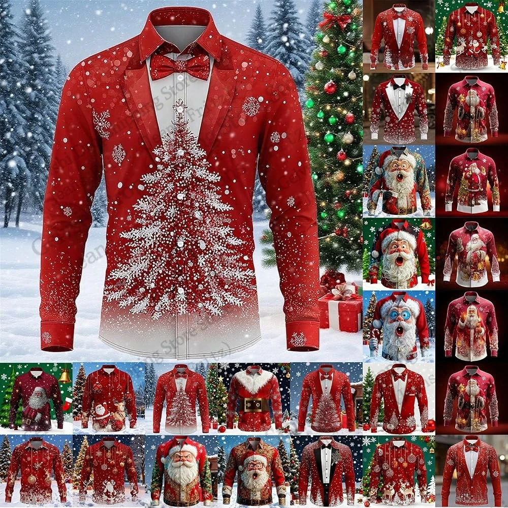 Christmas Tree 3d Print Long Sleeve Shirt Men Women Fashion Snowflake Christmas Fake Suit Printed Blouse Men Clothes Santa Claus