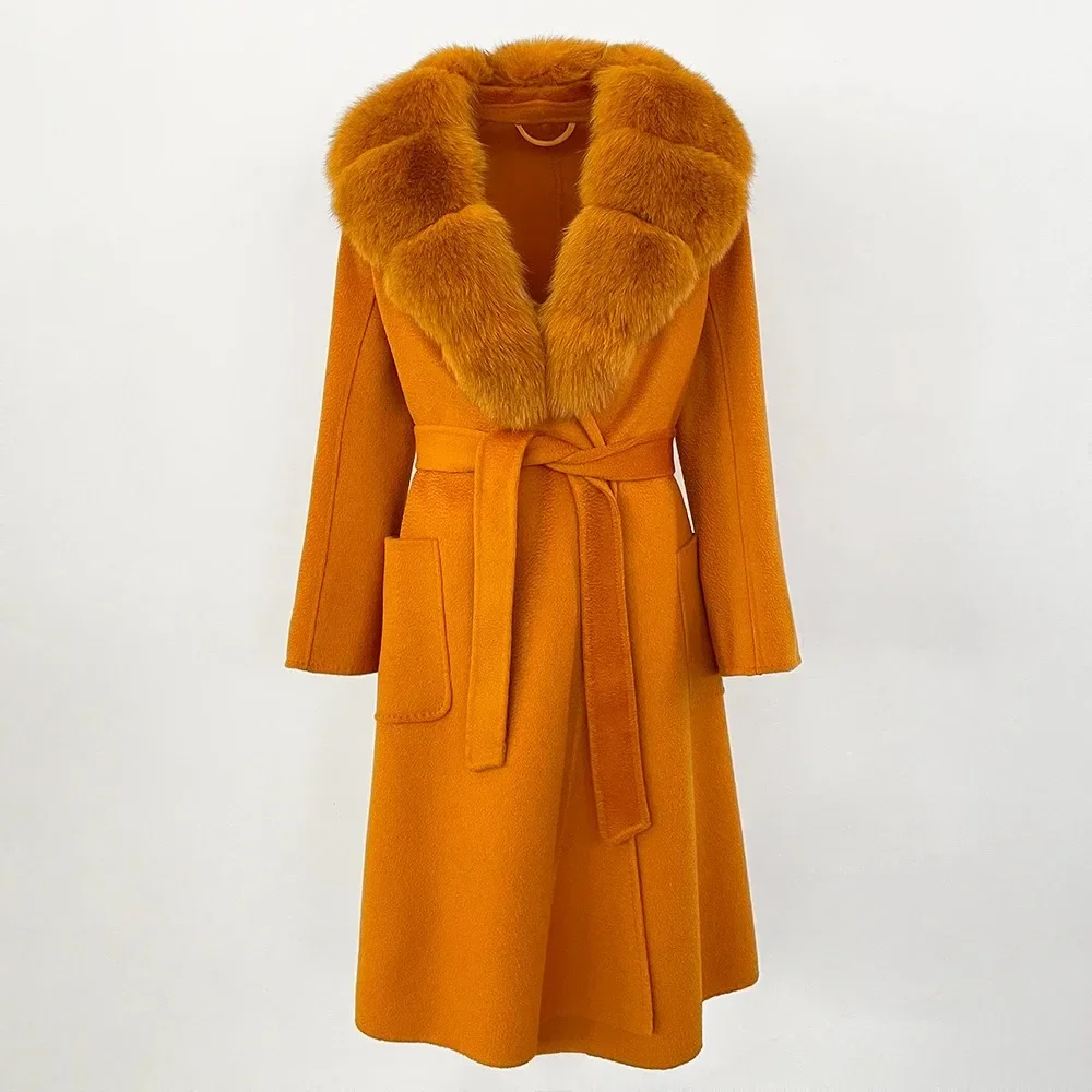 天然リアルフォックスファーカラージャケット 冬用ウール ロングファー レディース 女性用 暖かいアウターウェア 2025 カジュアル服 女性用