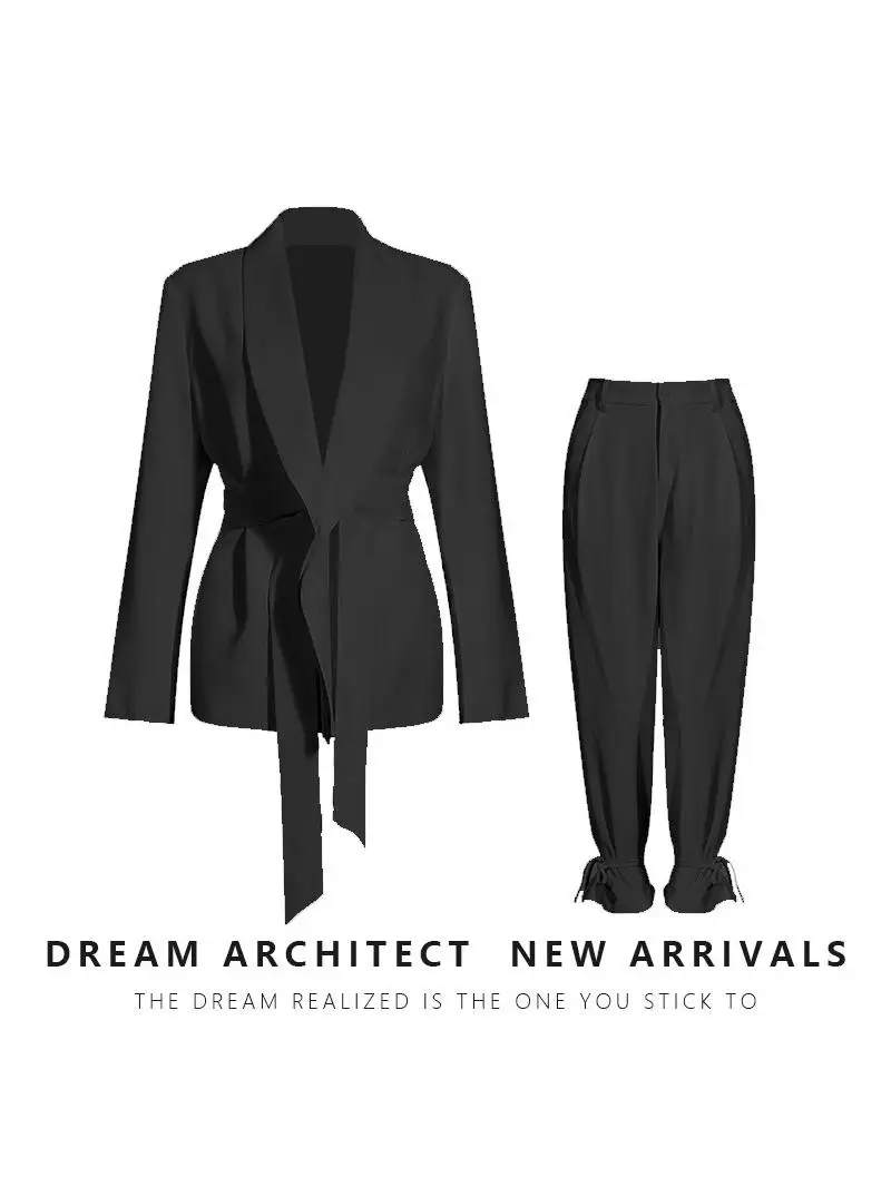 

Style Fashionable Loose Waistcoat Belted Suit Jacket Wide Leg Pants Long Pants Two Piece Set Women Autumn