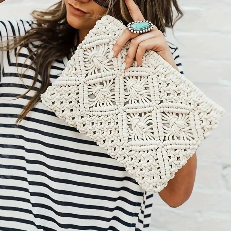 fashion rope woven clutch bag for women casual hollow out tassel clutch purses handmade summer beach bags 2024