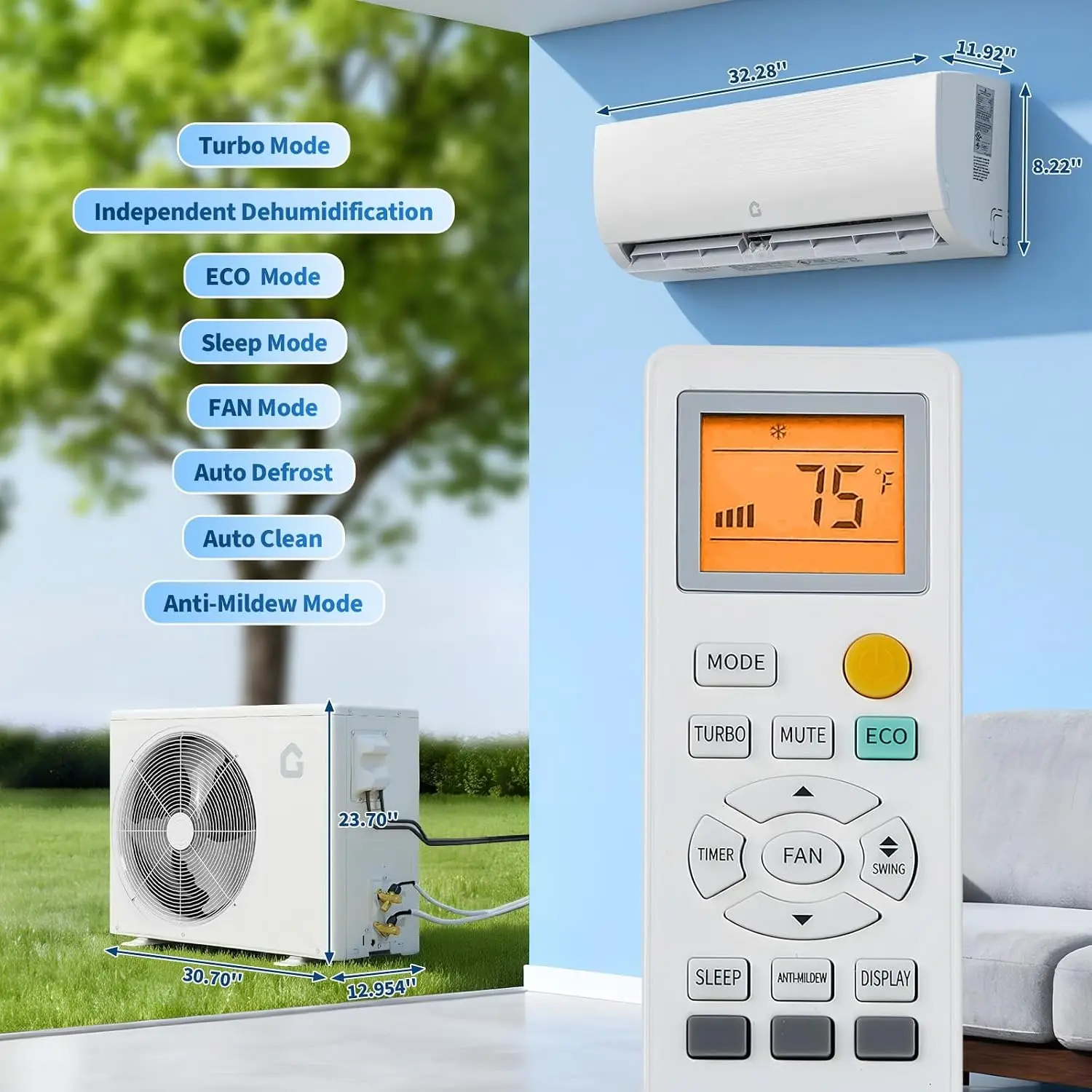12000 BTU Split Air Conditioner & Heater, 19 SEER2 115V Inverter Ductless Wall AC Unit with Pre-Charged Condenser, Heat, Custom