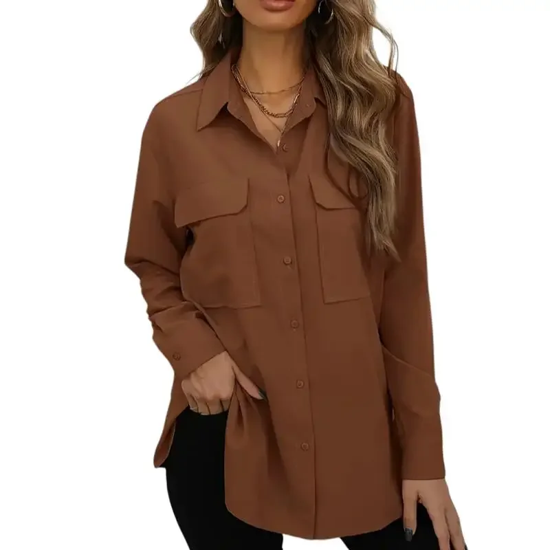 Women\'s 1Xl-5XL Plus Size Fashionable Casual Blouse Ladies Solid Button Up Long Sleeve Turn Down Collar Blouse with Pockets