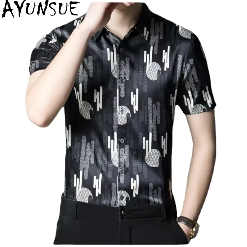 

AYUNSUE Summer 90.8% Mulberry Real Silk Short Sleeved Shirt for Men Quality Silk Satin Print Shirt Men's Clothing Ropa Hombre