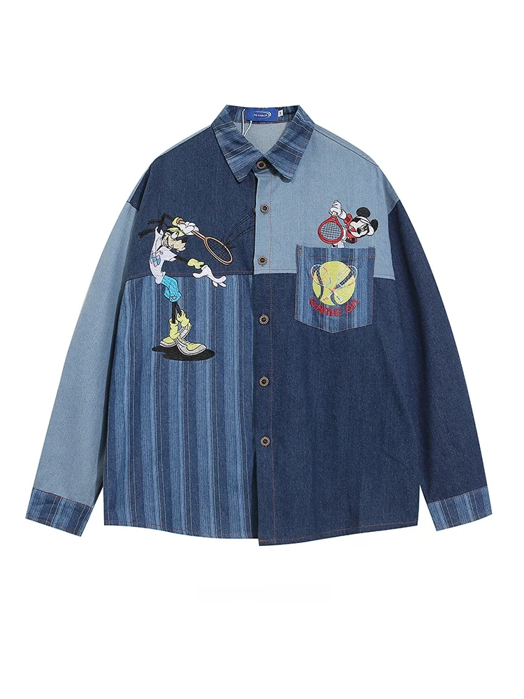 

Спортивная повседневная рубашка свободного кроя с длинным рукавом, вышитым воротником и элементами пэчворка для мужчин и женщин