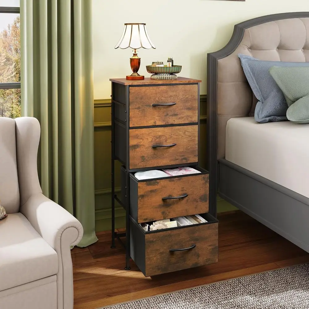 4-Tier Metal Storage Rack with Wooden Top, Rustic Brown, Perfect for Bedroom, Hallway, and Closets