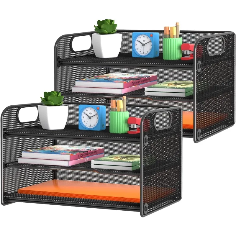 2 Pack 3 Tier Letter Tray Paper Organizer with Handle, Mesh Desk Organizer Paper Sorter File Rack Shelves, Black