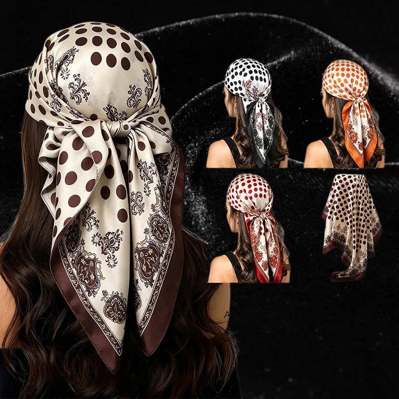 90cm Dot Print Satin Square Scarf Elegant retro headscarf women artistic accessory Beige brown dot satin with baroque border