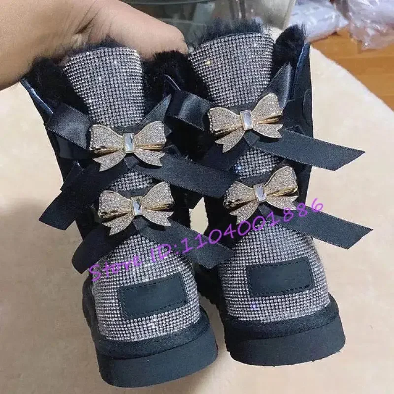 Winter Plush Warm Snow Boots for Women Rhinestone Butterfly Knot Short Boots Designer Sweet Muticolor Slip On Fur High Top Shoes