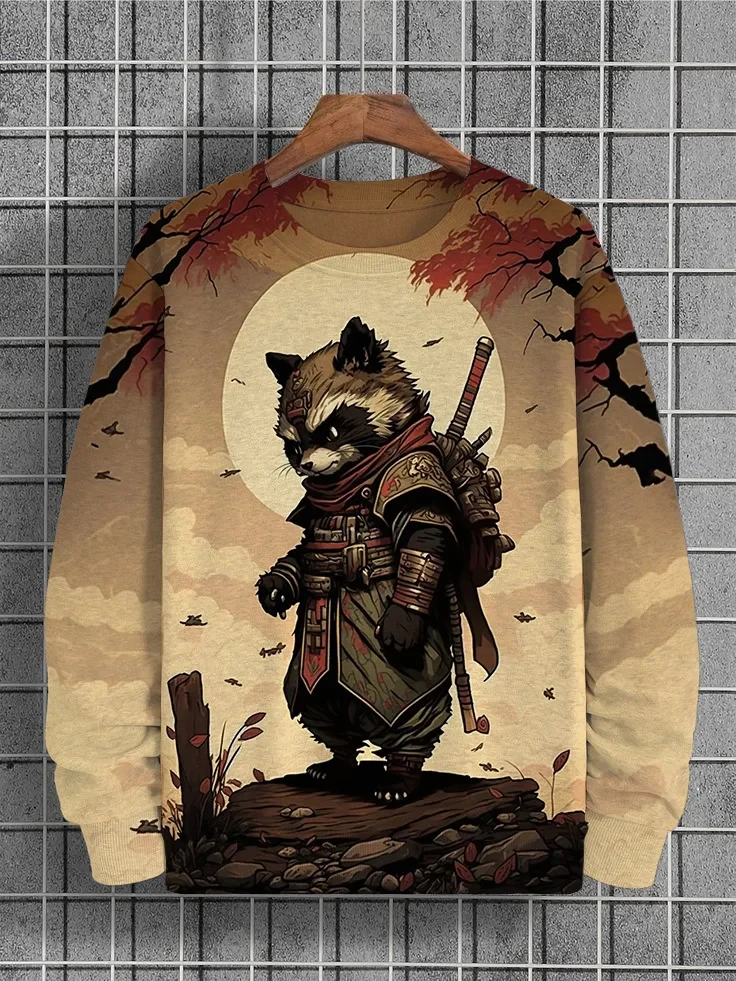 Moletons masculinos 3d samurai padrão manga longa impressão camiseta solta em torno do pescoço com capuz tamanho grande roupas masculinas topos