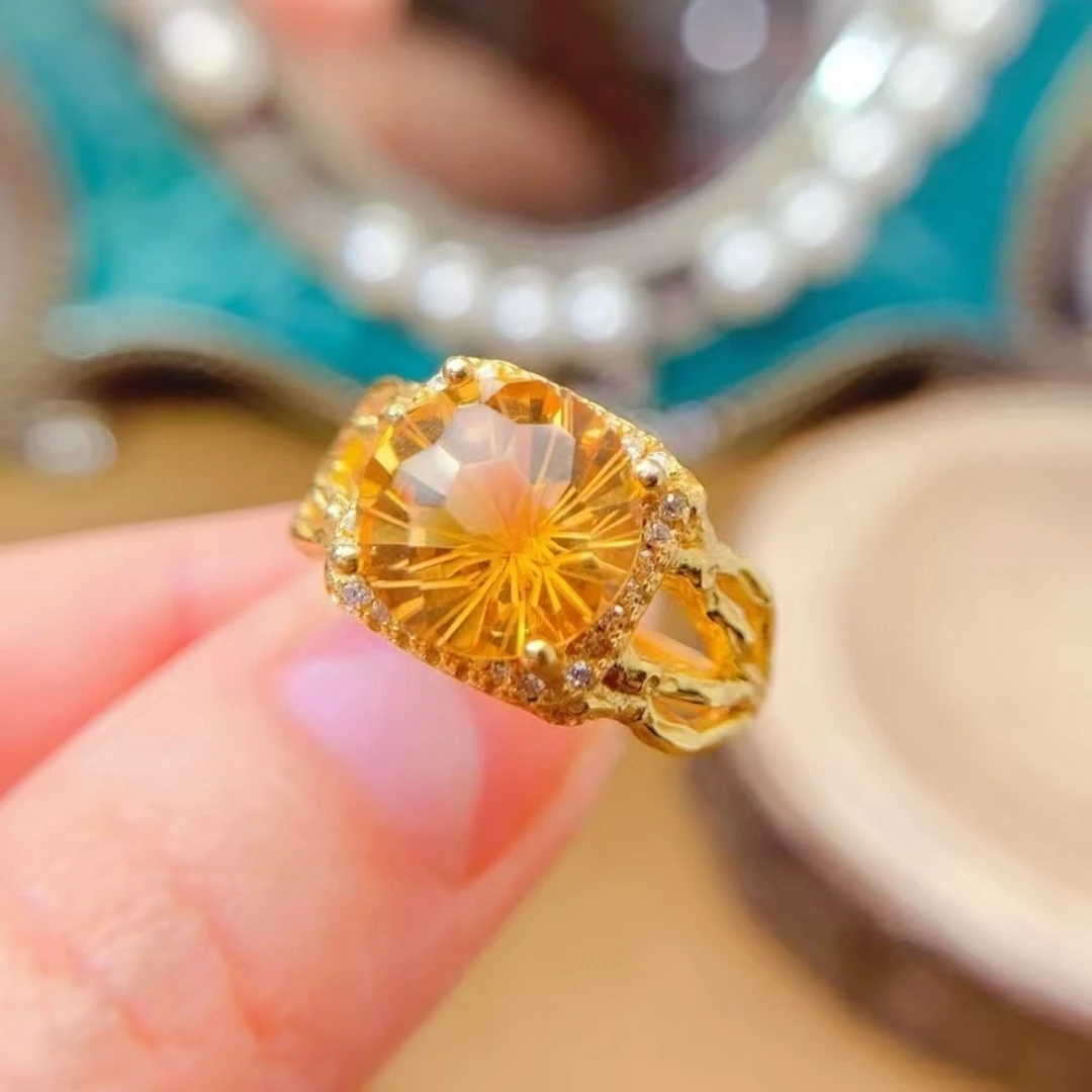 KJJEAXCMY Natural Yellow Crystal Ring S925 silver , electroplated locking color process, high clarity Full of luster Support tes