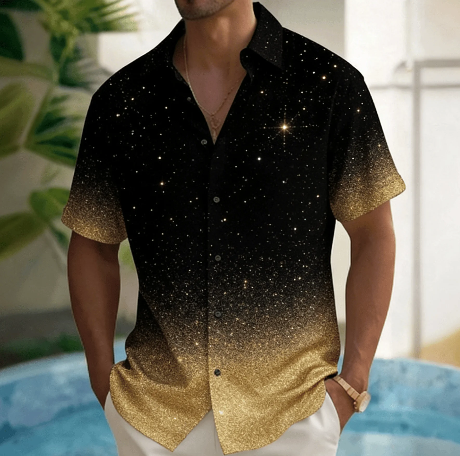

Men's Black Gold Gilded Fluid Texture Print Short Sleeve Shirt, Spring Summer Luxury Premium Blouse, Loose Casual Top