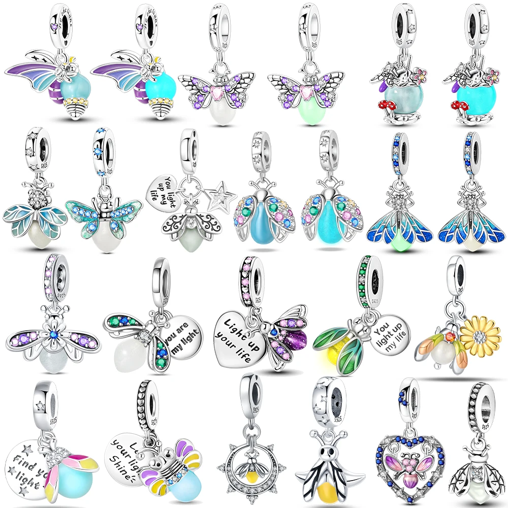 925 Sterling Silver Gold Glow in The Dark Firefly Pendant Fit Bracelet Women DIY Pendant for Jewelry Making Gifts