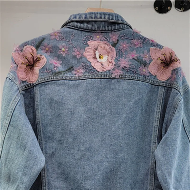 Vintage bloem borduurwerk ketting kwastje blauw denim jasje lente vrouwen korte cowboy bovenkleding losse casual vrouwelijke jeans jas