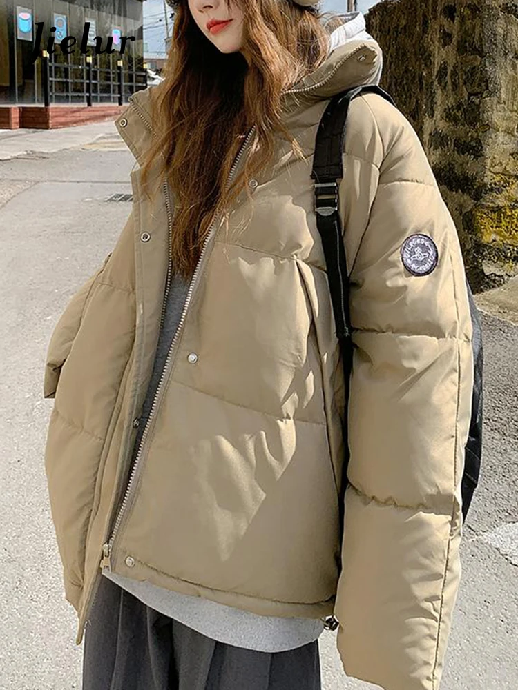 Jielur Winter Outerwear Casual Simple Basic Women Parkas Loose Slim Solid Color Woman Parkas Black Khaki Fashion Coat Female