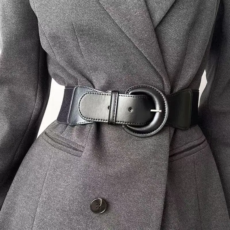 European and American Women's Belt - Decorative Fashion Versatile Coat Dressing Suit Elastic Waistband Black D-Shaped Leather Be
