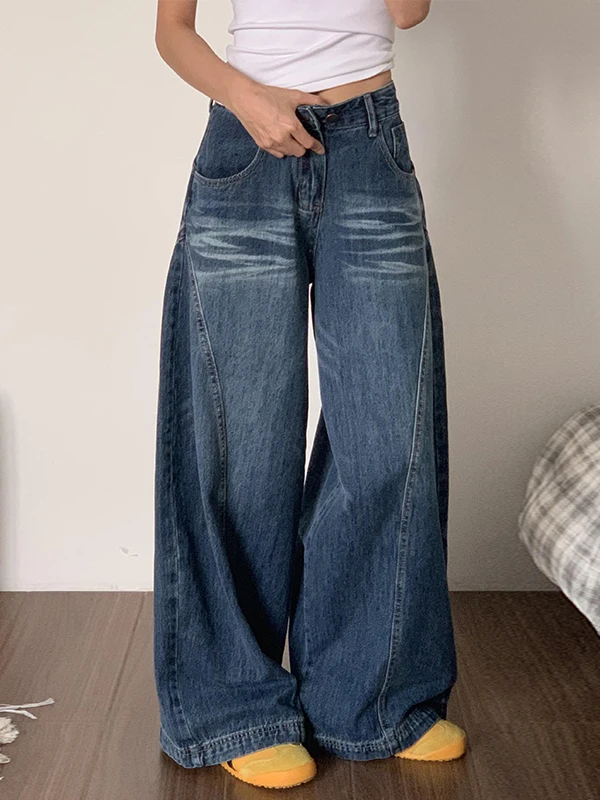 

High Waist Wide Leg American Retro Washed Knife Jeans Women's Loose Floor Length Autumn New Style Denim Pants for plus Size