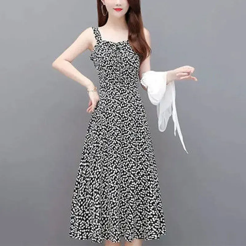 Two Piece Set Broken Flowers Matching Sets Summer New Women\'s Clothing Fashion Drawstring A-Line Vintage Elegant Slip Dress Sets