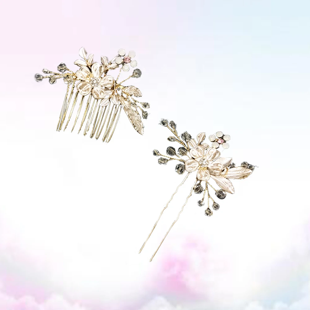 

2 Pcs Retro Flower Hair Comb Set Wedding Headpiece Bridal Bride Hairpin Leaf Golden Headdress
