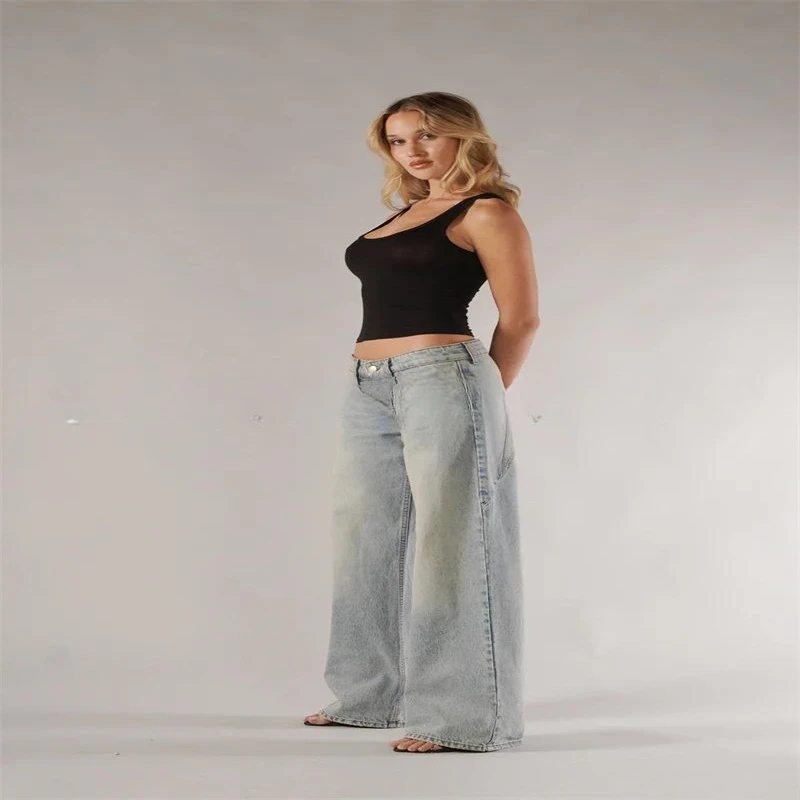 

Old Mud-dyed Washed Jeans Five-pointed Star Splicing Low-waisted Loose Straight Wide-leg Floor-length Trousers