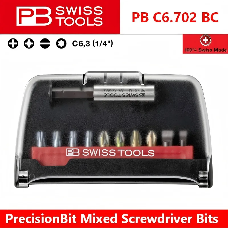 Набор прецизионных бит PB Swiss Tools 10 шт. (C6.3) с защитой от раскручивания: шлицевые, Torx, Phillips, Pozidriv, с клипсой для ремня, PB C6.702 BC