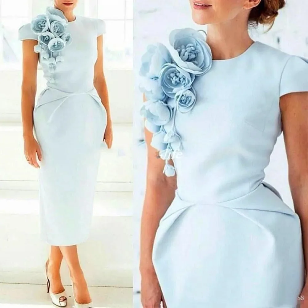 

Arabic Light Blue Cap Sleeves Satin Sheath Cocktail Dresses Cap Sleeves 3D Flowers Tea Length Short Party Evening Prom Dresses